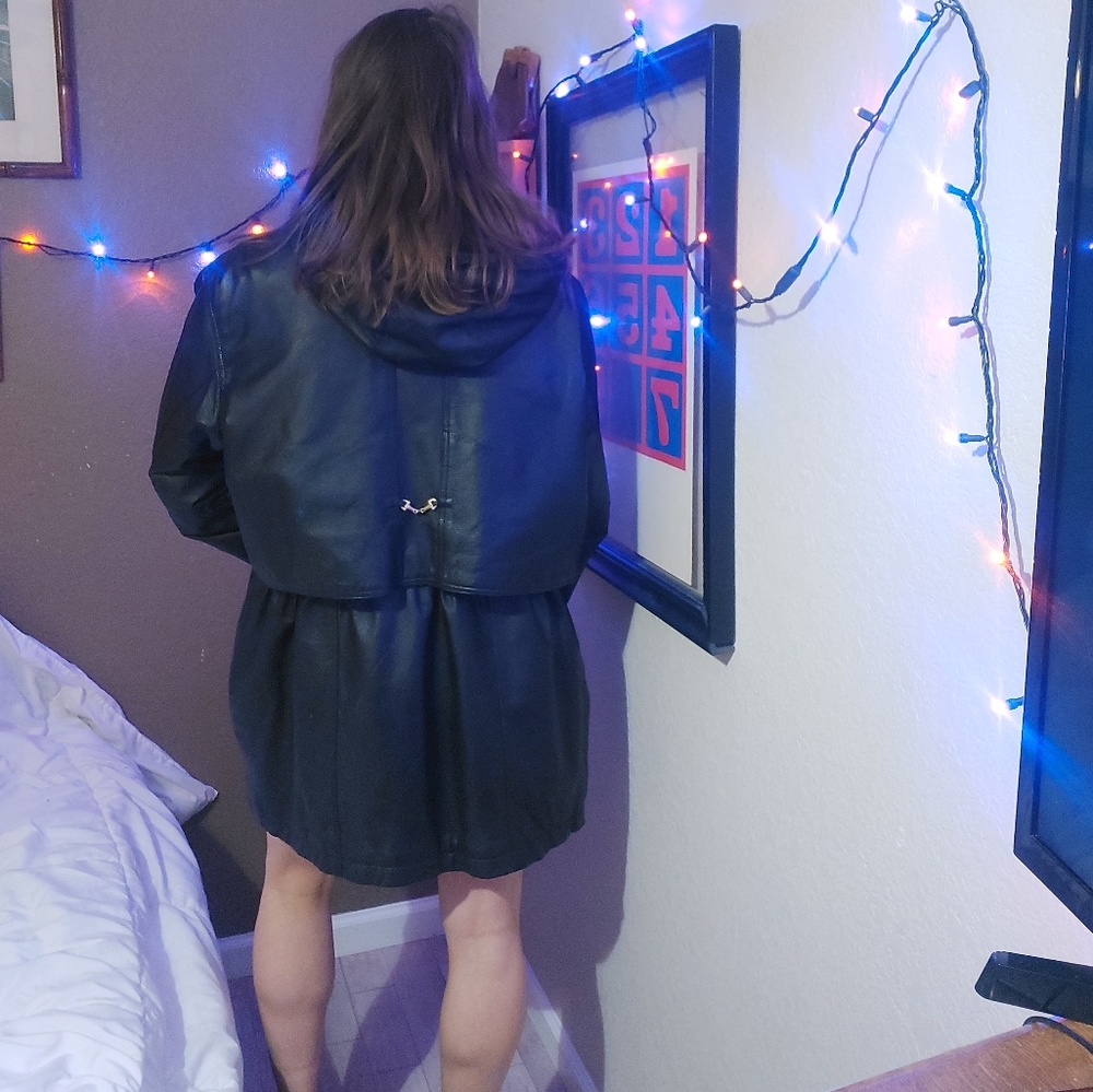 ☆VINTAGE 90's☆ Leather Hooded Midi Jacket w/ Gold Hardware Women's Size XL Coat - Picture 5 of 11